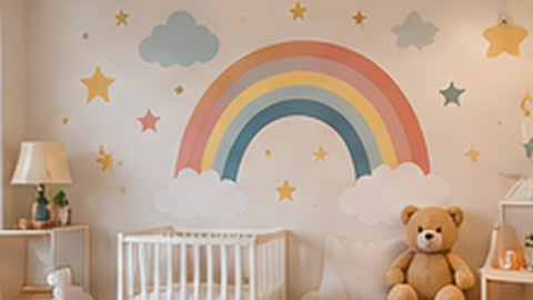 Chambre bébé avec un arc-en-ciel et une girafe imprimés sur le mur